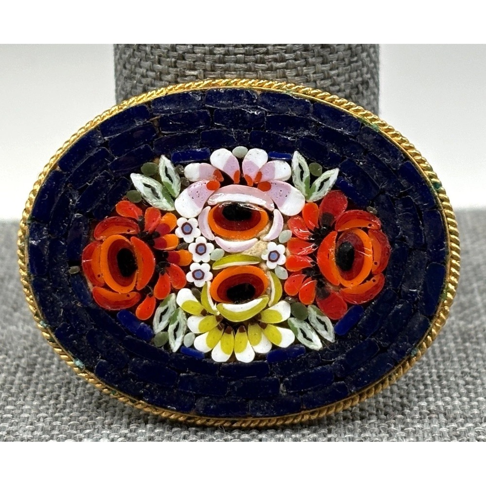 Vintage Italian Floral Micro Mosaic Brooch Navy Blue Flower Pin Gold Tone